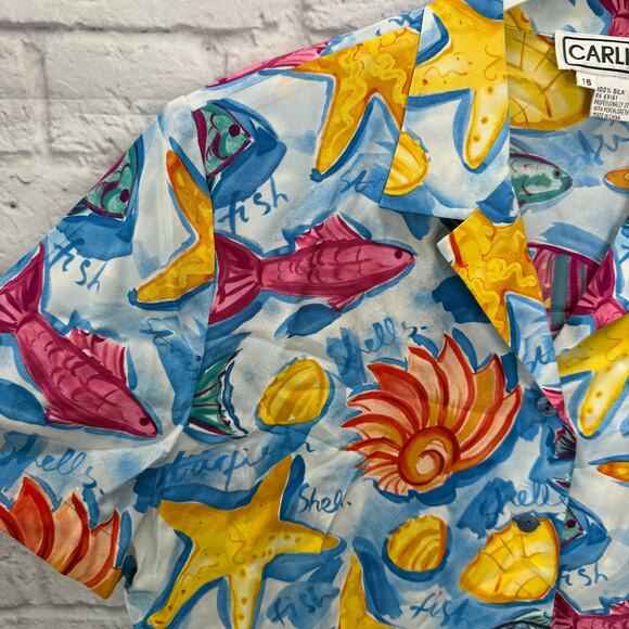 Vintage Womens Carlisle Silk Short Sleeve Blouse Size 16 Blue Tropical Shells - Picture 4 of 5